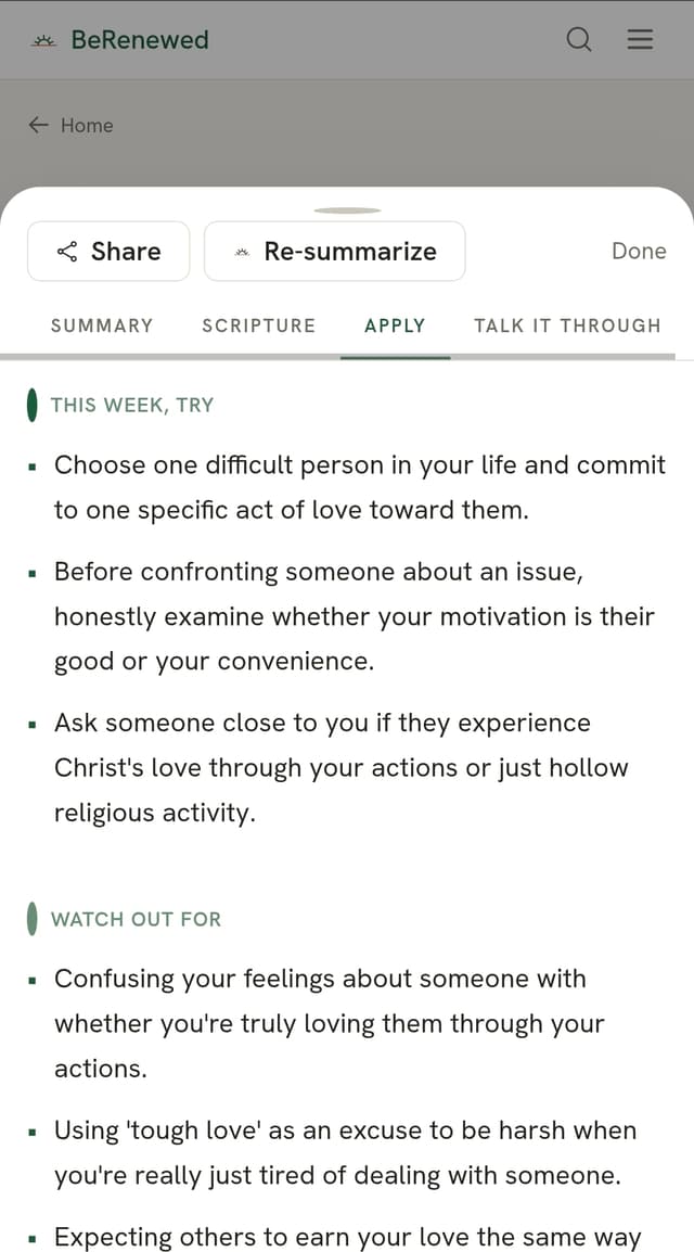 BeRenewed Apply tab showing actionable steps from a sermon