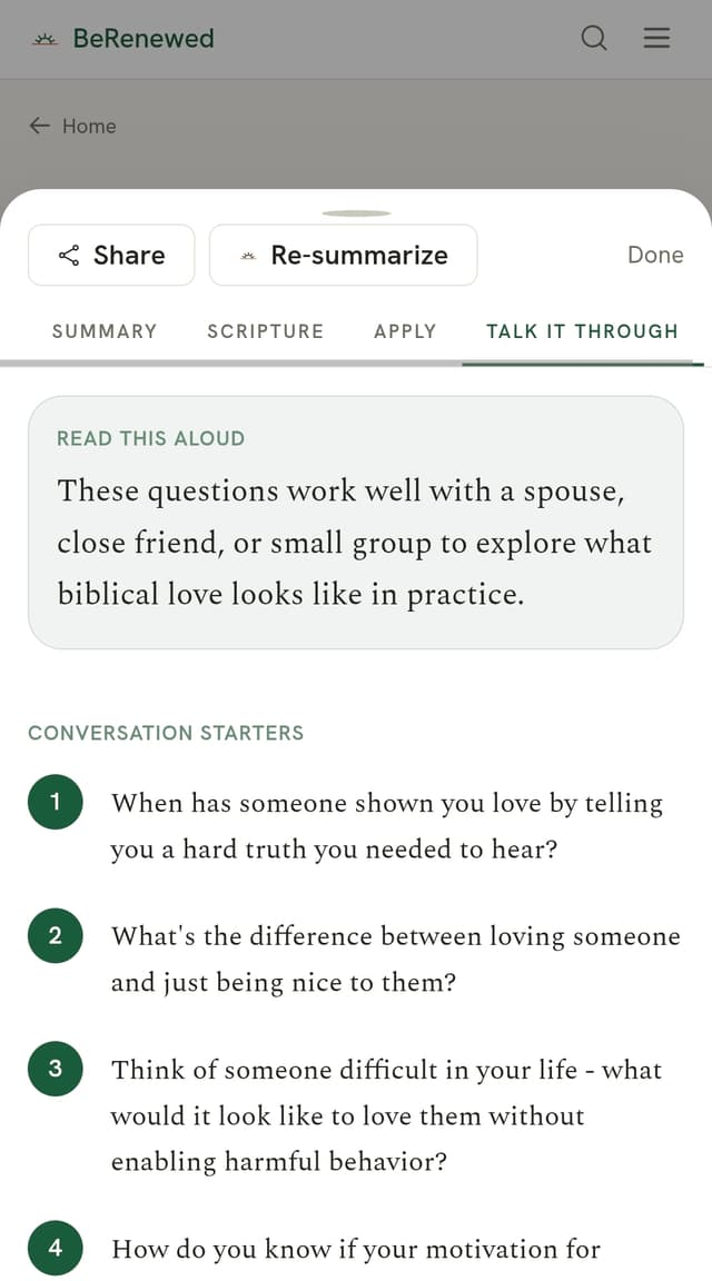 BeRenewed Talk It Through tab showing conversation starter questions